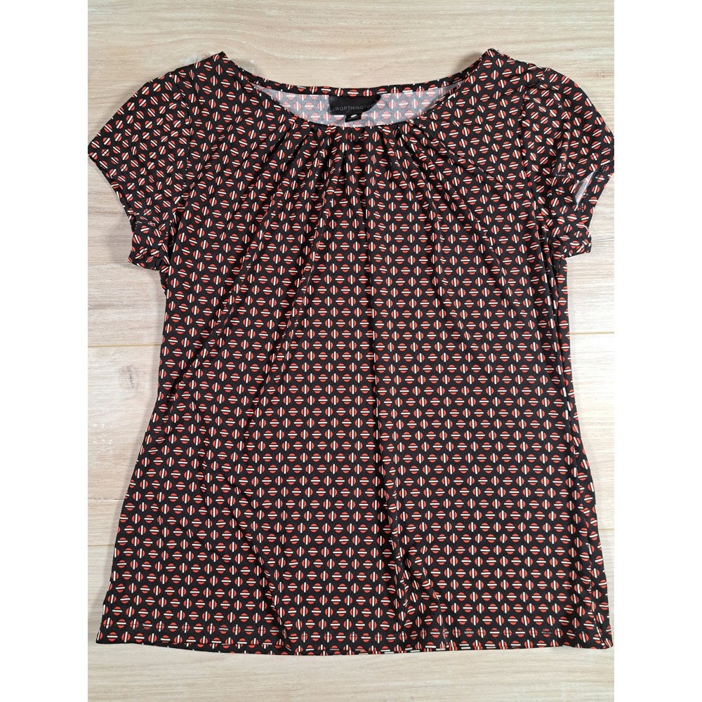 Worthington Petite Medium Black Red Geometric Circle Print‎ Short Sleeve Blouse - Picture 5 of 8